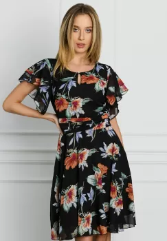 Rochie DY Fashion neagra cu imprimeuri florale corai imagine