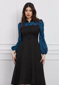 Rochie Dy Fashion neagra cu maneci albastre si nasturi imagine