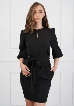 Rochie DY Fashion neagra cu maneci bufante si cordon in talie imagine