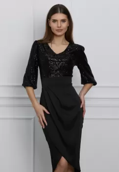 Rochie Dy Fashion neagra cu paiete la bust si fusta din satin imagine