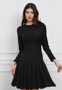 Rochie Dy Fashion neagra cu pliuri pe fusta si funda pe umar imagine