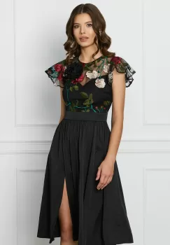 Rochie DY Fashion neagra cu trandafir si dantela la bust imagine
