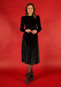 Rochie Dy Fashion neagra din catifea cu crepeu pe fusta imagine