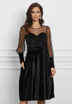 Rochie Dy Fashion neagra din catifea si tull cu buline la bust imagine