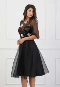 Rochie DY Fashion neagra din organza cu broderie florala la bust imagine