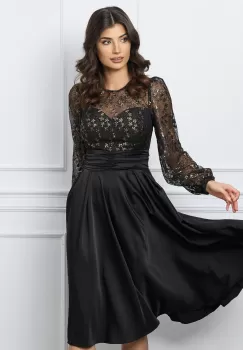 Rochie Dy Fashion neagra din satin cu dantela florala aurie la bust imagine