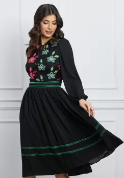 Rochie Dy Fashion neagra din voal cu broderie florala verde si rosu la bust imagine