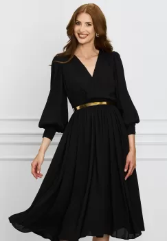 Rochie Dy Fashion neagra din voal cu bust petrecut si curea in talie imagine