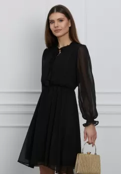 Rochie Dy Fashion neagra din voal cu fir lurex si ciucuri la guler imagine