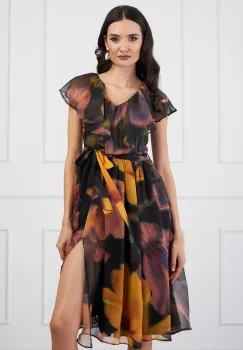 Rochie DY Fashion neagra din voal cu imprimeu galben si cordon in talie imagine