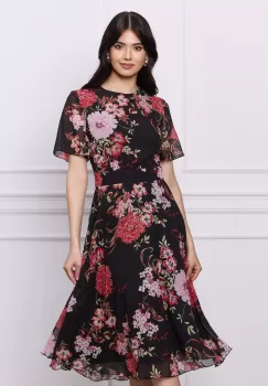 Rochie DY Fashion neagra din voal cu imprimeuri florale rosii imagine