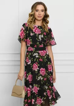 Rochie DY Fashion neagra din voal cu imprimeuri florale roz imagine