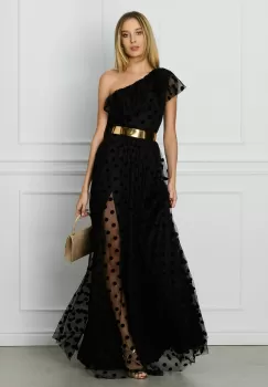 Rochie DY Fashion neagra lunga din tull cu buline catifelate si curea in talie imagine