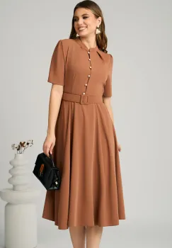 Rochie DY Fashion office din triplu voal maro cu nasturi la bust si curea in talie imagine