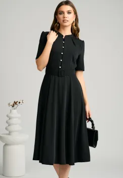 Rochie DY Fashion office din triplu voal neagra cu nasturi la bust si curea in talie imagine