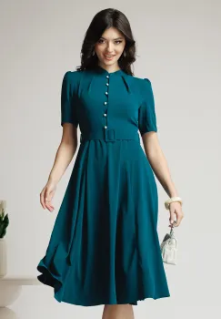 Rochie DY Fashion office din triplu voal verde cu nasturi la bust si curea in talie imagine