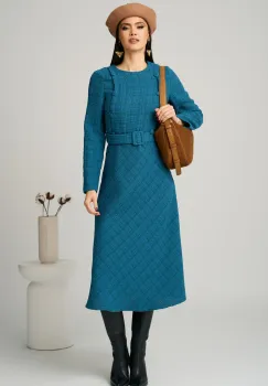Rochie DY Fashion office din tweed turcoaz cu nasturi pe bust si curea in talie imagine