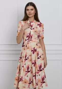 Rochie Dy Fashion peach cu imprimeu bordo office cu nasturi la bust si curea in talie imagine