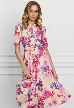 Rochie Dy Fashion peach cu imprimeu roz office cu nasturi la bust si curea in talie imagine