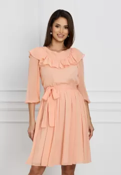 Rochie Dy Fashion peach cu volanas la bust si cordon in talie imagine
