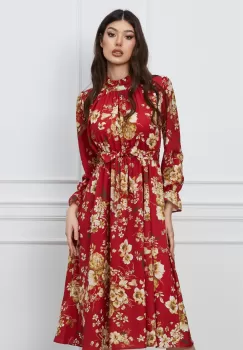 Rochie Dy Fashion rosie cu imprimeuri florale si cordon in talie imagine