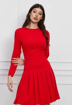 Rochie Dy Fashion rosie cu pliuri pe fusta si funda pe umar imagine