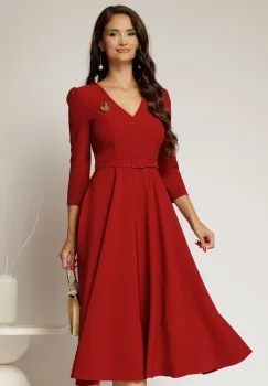 Rochie DY Fashion rosu inchis clos cu decolteu V si curea in talie imagine