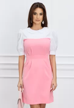 Rochie DY Fashion roz cu bust alb si guler imagine