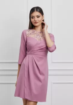 Rochie Dy Fashion roz cu dantela la bust si pliuri pe fusta imagine