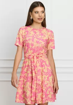 Rochie Dy Fashion roz cu imprimeu galben si cordon in talie imagine