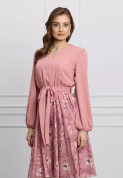 Rochie Dy Fashion roz cu imprimeu pe fusta si cordon in talie imagine