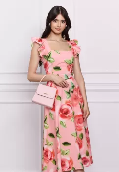 Rochie DY Fashion roz cu imprimeuri florale corai si volane la umeri imagine