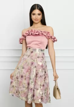 Rochie DY Fashion roz cu imprimeuri florale pe fusta si volane la bust imagine