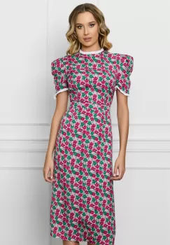 Rochie Dy Fashion roz cu imprimeuri florale verzi si volanase la maneci si decolteu imagine