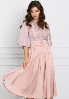 Rochie Dy Fashion roz cu paiete la bust si fusta din satin imagine