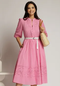 Rochie DY Fashion roz din bumbac cu insertii perforate si curea in talie imagine