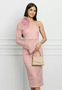 Rochie DY Fashion roz din dantela cu floare maxi pe umar imagine