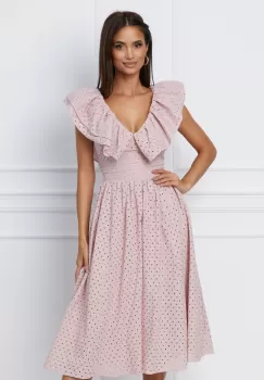 Rochie Dy Fashion roz din ghipura cu volane la bust imagine