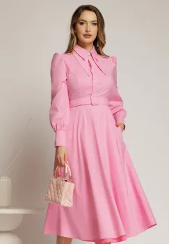 Rochie DY Fashion roz din poplin cu guler dublu si curea in talie imagine