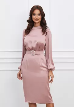 Rochie Dy Fashion roz din satin cu o curea in talie imagine