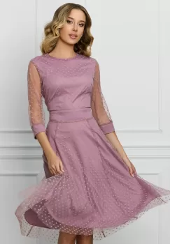 Rochie DY Fashion roz din tull cu buline catifelate imagine