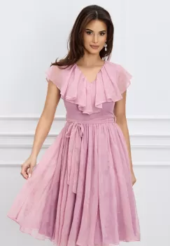 Rochie DY Fashion roz din voal cu buline si cordon in talie imagine