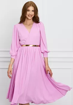 Rochie Dy Fashion roz din voal cu bust petrecut si curea in talie imagine