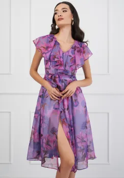 Rochie DY Fashion roz din voal cu imprimeu mov si cordon in talie imagine