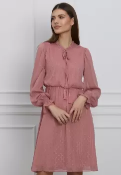 Rochie Dy Fashion roz din voal cu picatele si ciucuri la guler imagine
