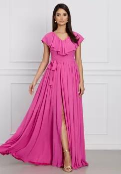 Rochie Dy Fashion roz lunga cu volan la bust si cordon in talie imagine