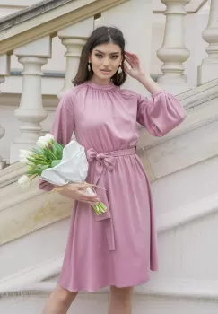 Rochie Dy Fashion roz pudra cu elastic si cordon in talie imagine
