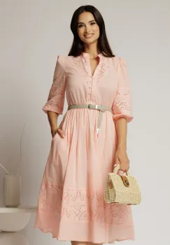 Rochie DY Fashion roz somon din bumbac cu insertii perforate si curea in talie imagine