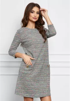 Rochie Dy Fashion scurta gri cu picatele colorate si buzunare imagine