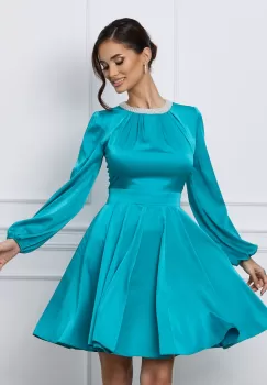 Rochie Dy Fashion turcoaz accesorizata cu perlute la decolteu imagine